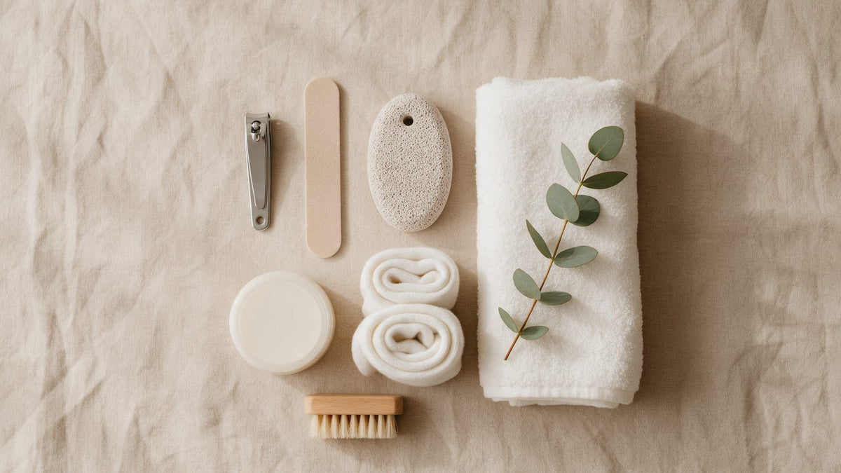 Clean bare feet on a bath mat next to a folded foot towel, cream and nail file for a daily foot hygiene routine