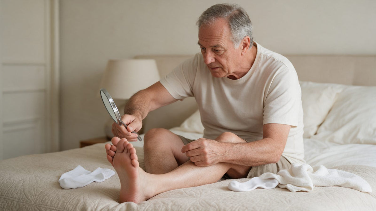 Diabetic foot care products at home: hand mirror, bath thermometer, soft towel, moisturizer, nail clippers and seamless socks