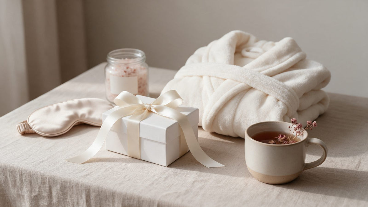 Wrapped self-care gift set with a plush robe, sleep mask and a Toe Dry Towel
