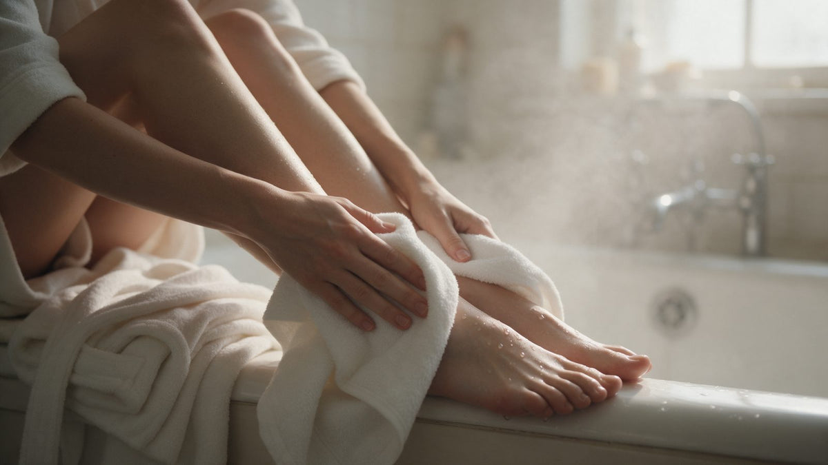 Freshly showered feet on a dry bath mat being dried between the toes