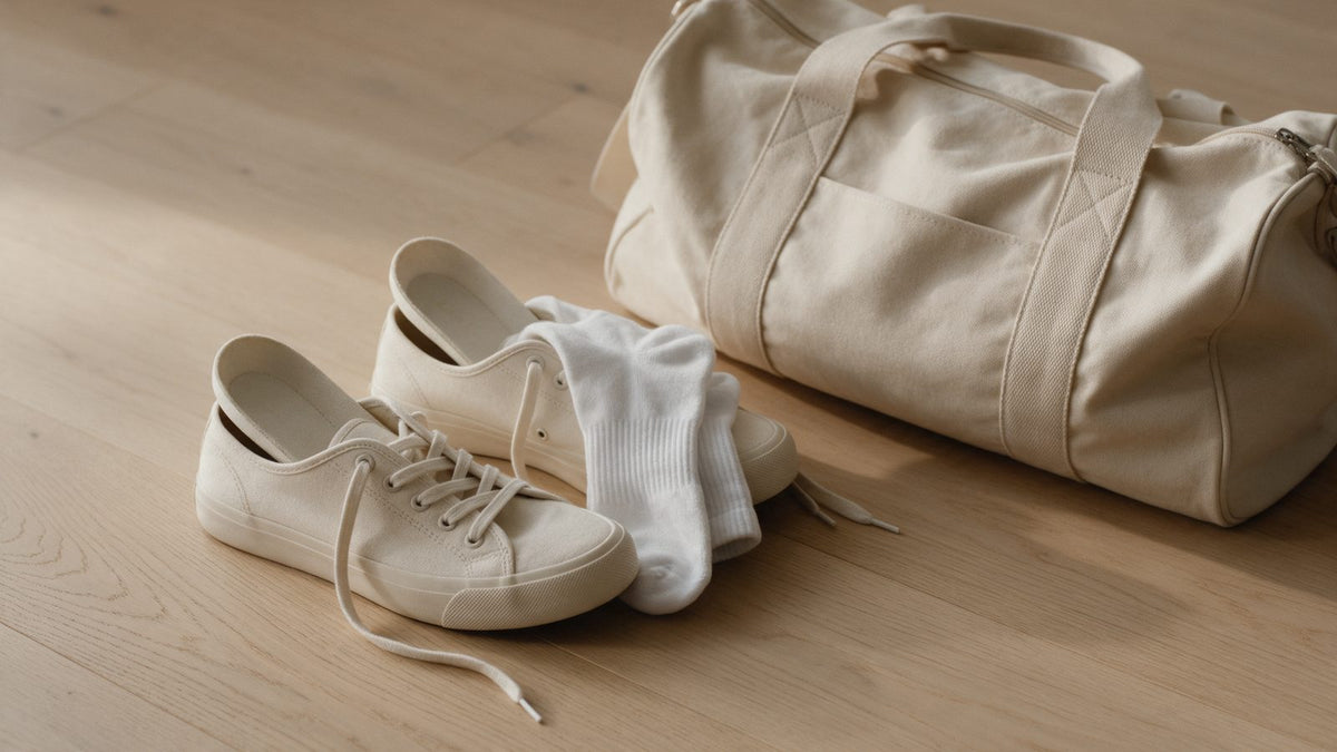 Bare feet resting on a soft towel after a shower, with sneakers and socks nearby