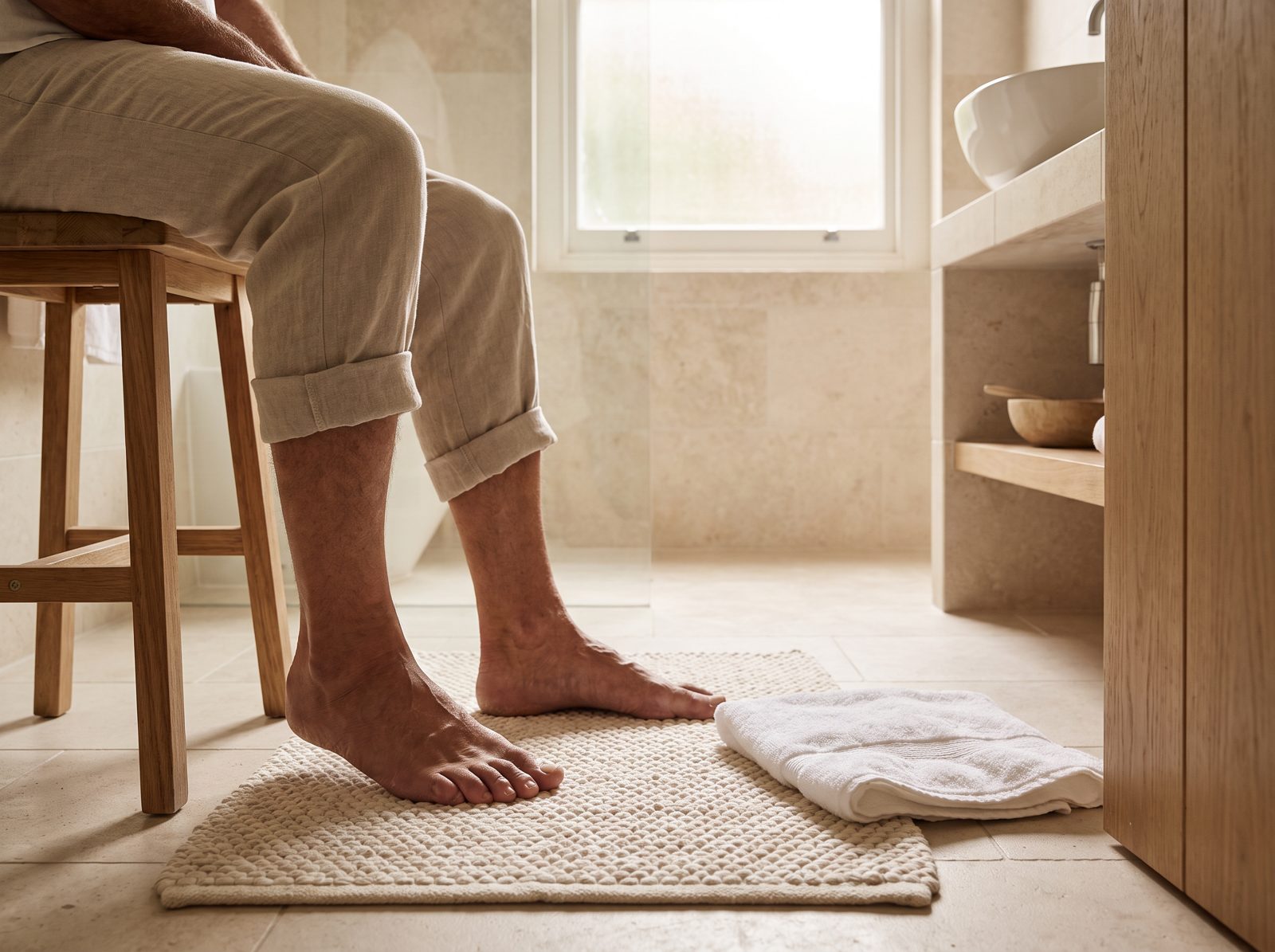 Man resting his bare feet on a bath mat beside a white towel
