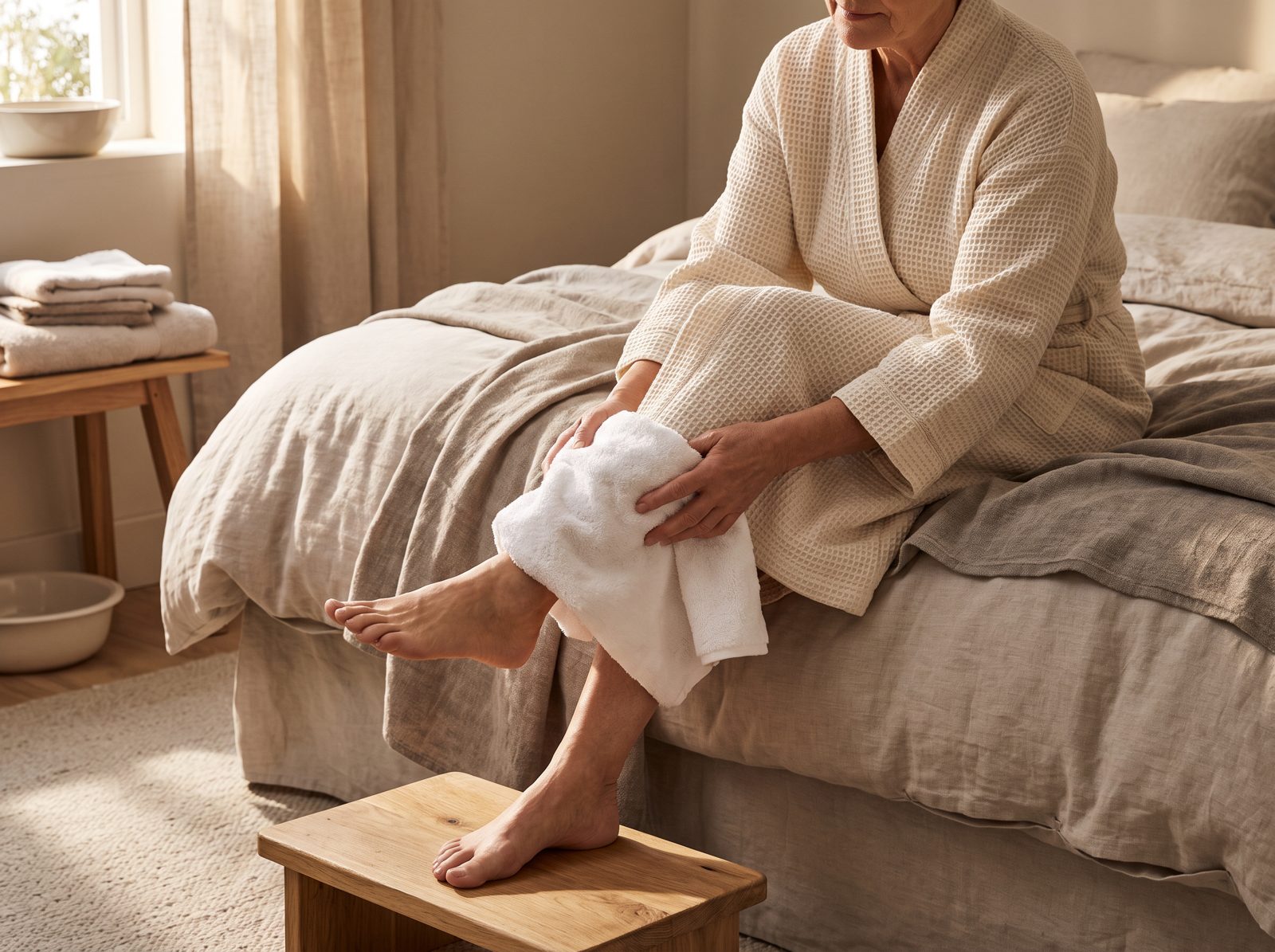Woman in a robe caring for her feet on the edge of her bed