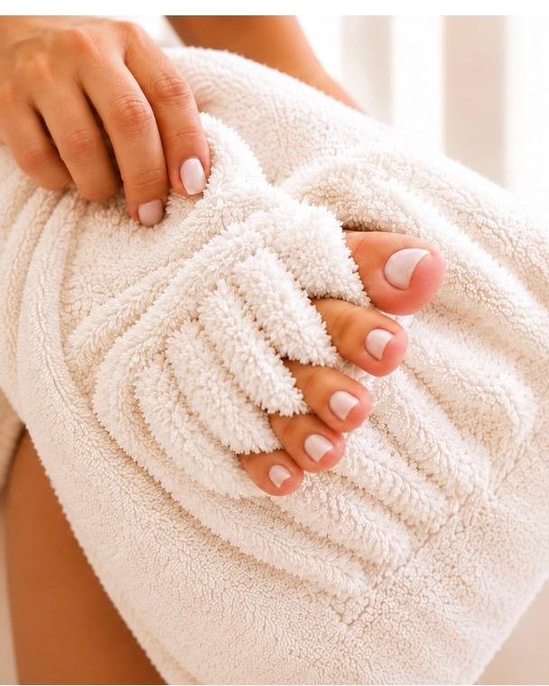 The towel’s soft strips slid gently between each toe