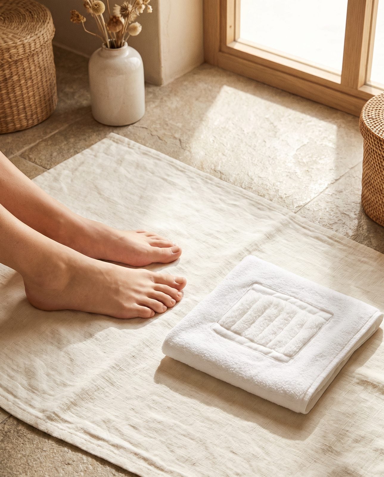 Dry feet resting on a linen bath mat beside the folded towel