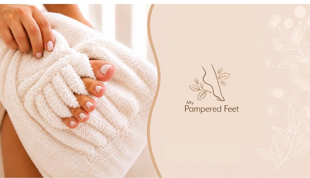 The My Pampered Feet logo beside a close-up of the towel’s strips between the toes